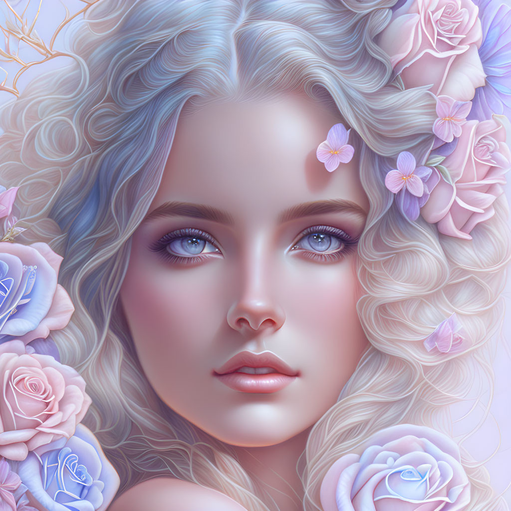 Fair-skinned woman with blue eyes in digital art surrounded by pastel flowers