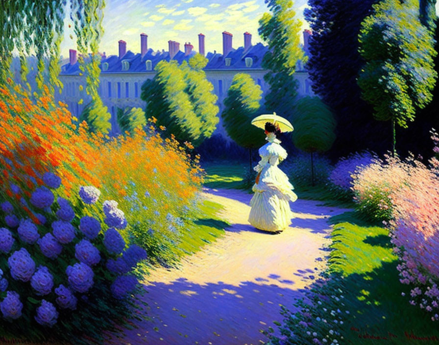 Impressionist painting of woman in white dress with parasol in garden path