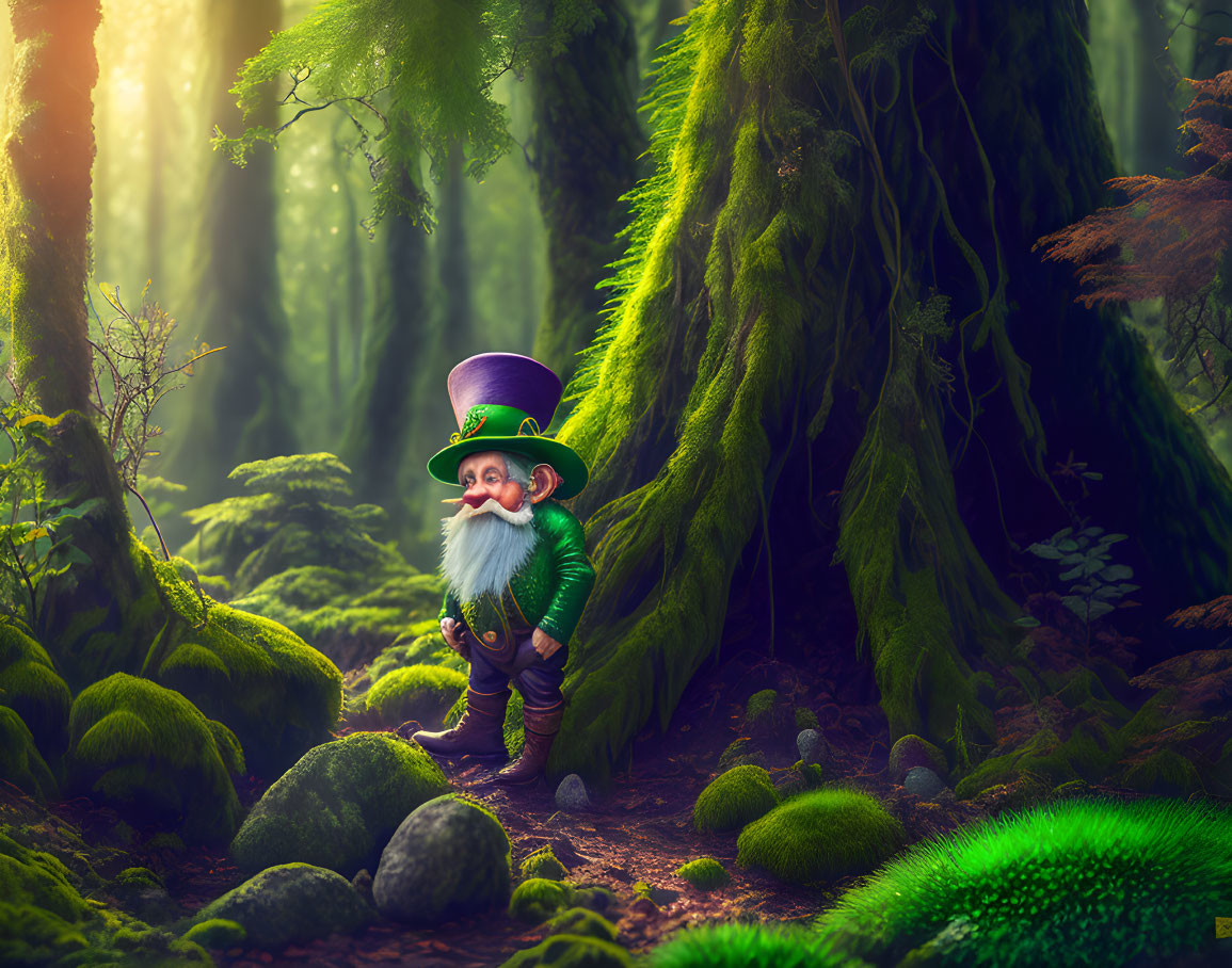 Illustration of a gnome in green outfit in mossy forest with golden light.