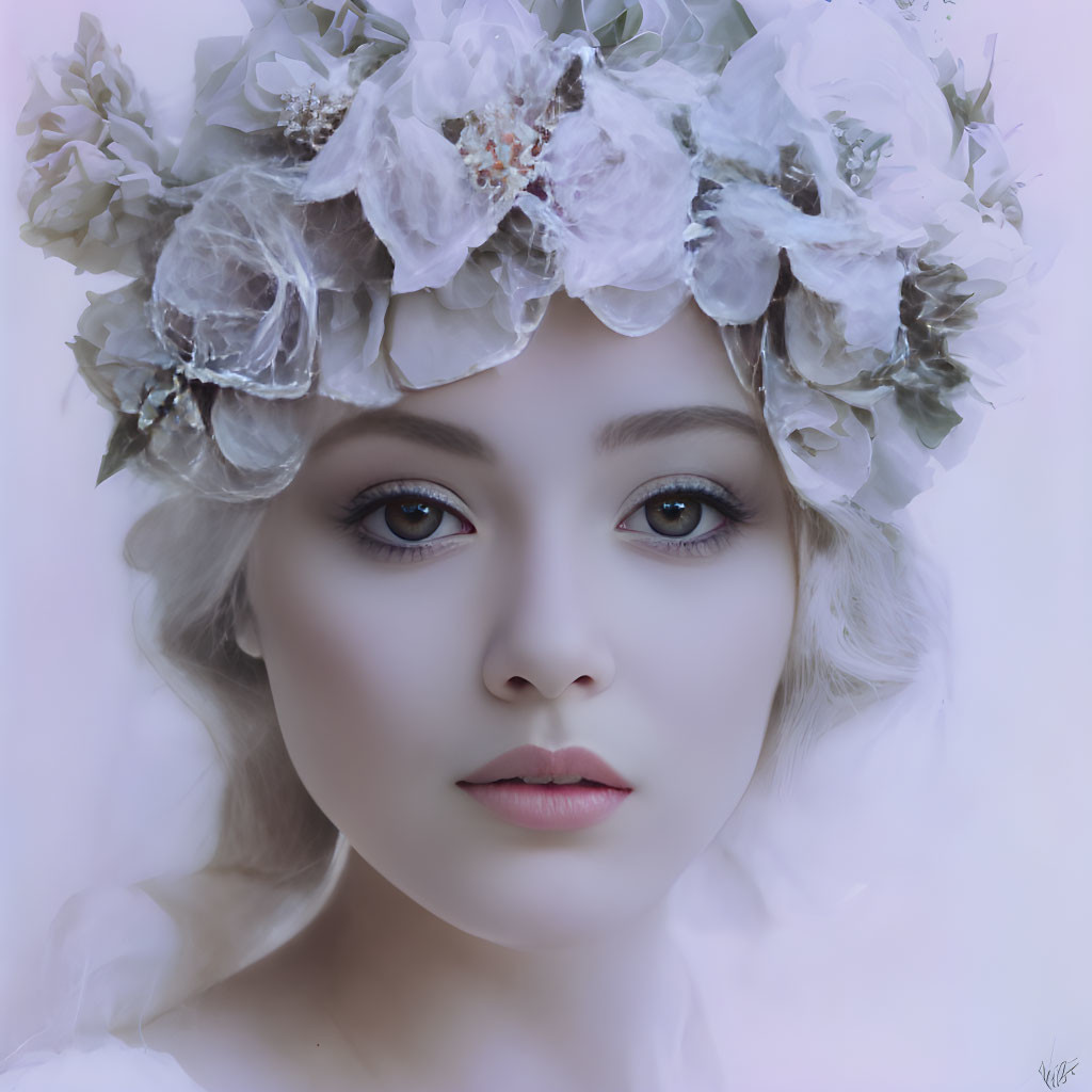 Portrait of person with pale skin and blue eyes wearing white floral headpiece