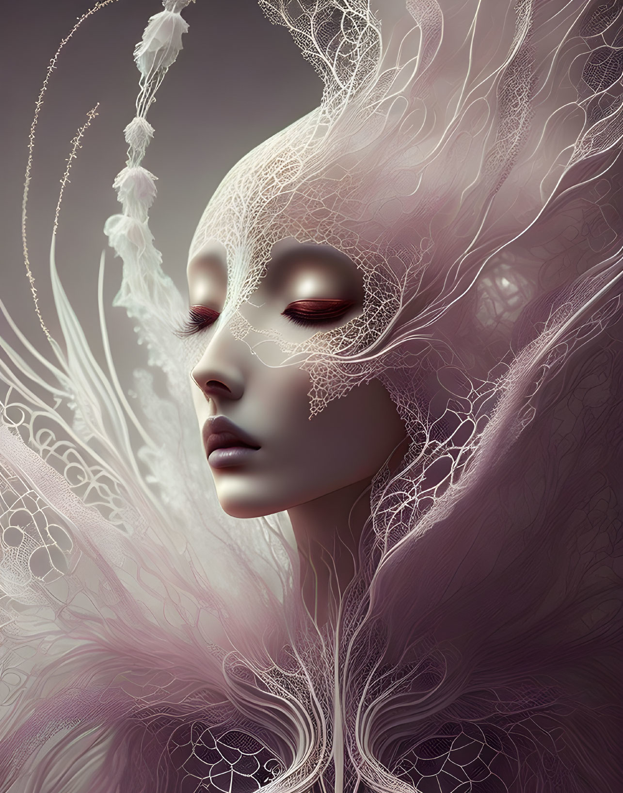 Surreal portrait of feminine entity with closed eyes and delicate lace-like patterns