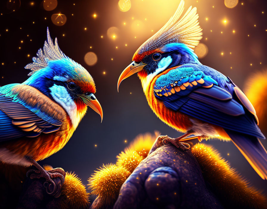 Vibrantly Colored Fantastical Birds Perched in Glowing Ambiance