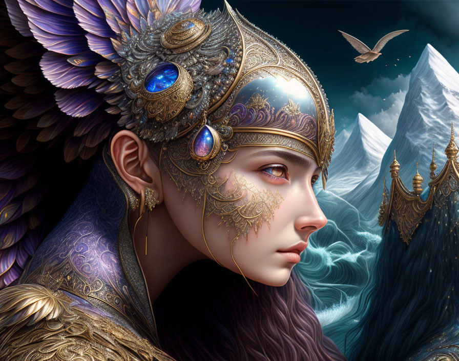 Fantasy portrait: Woman in golden headgear, blue gemstones, winged armor, mountains,