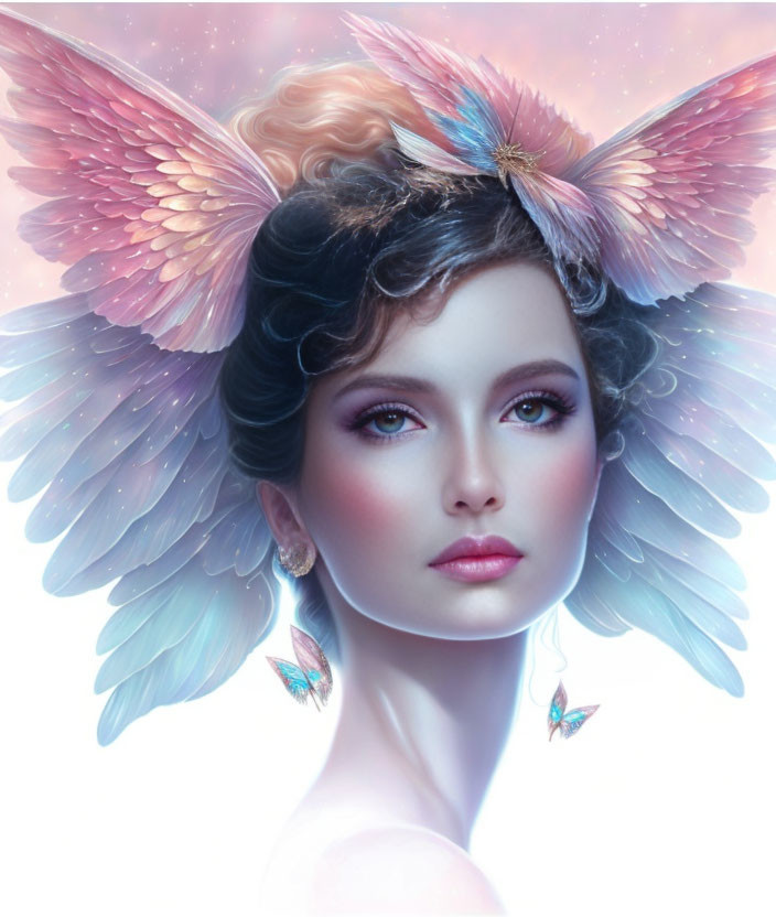 Ethereal woman with pastel wings and butterfly earrings on colorful background