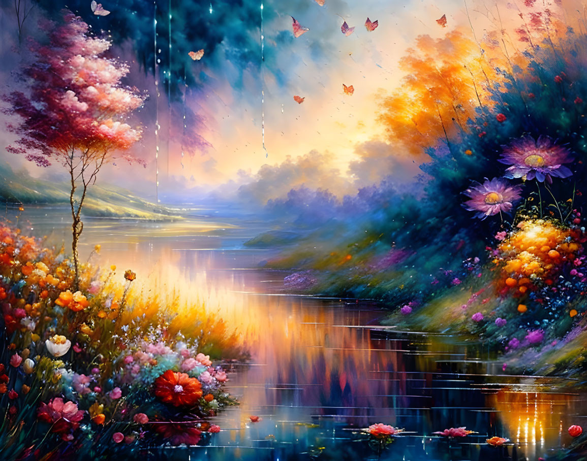 Colorful Landscape Painting with Flowers, Butterflies, and Sunset Reflections