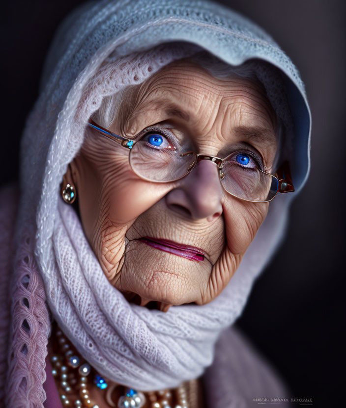 Elderly woman with headscarf, spectacles, pearl necklace, wrinkled skin, blue