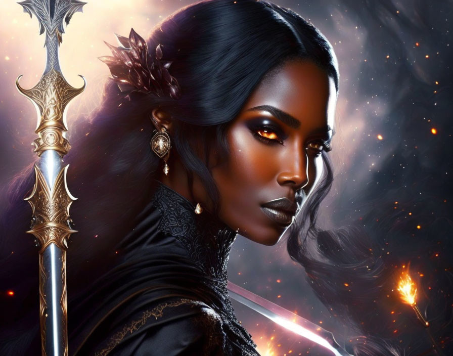 Fantasy digital artwork of dark-skinned female warrior in ornate armor with glowing eyes and spear against