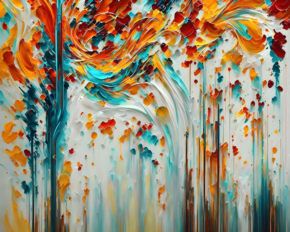 Vivid Abstract Painting with Orange, Blue, and Teal Swirls