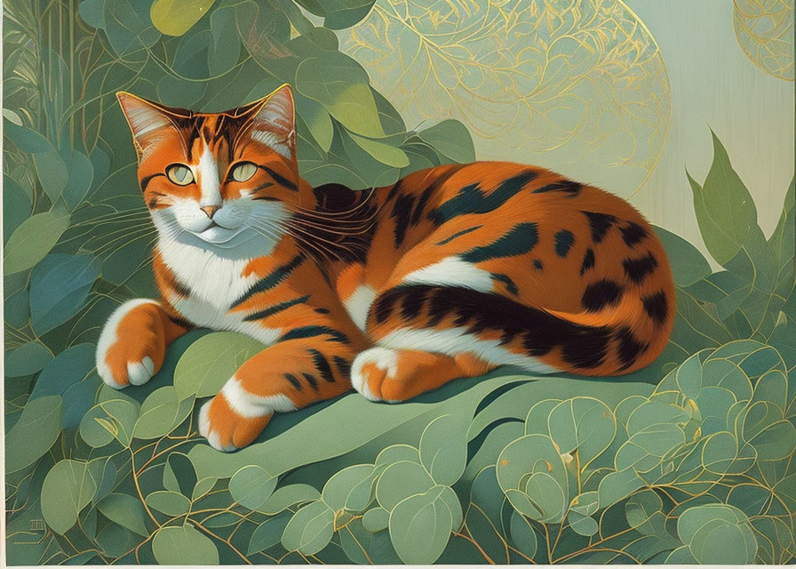 Orange and Black Striped Cat Resting in Lush Green Foliage