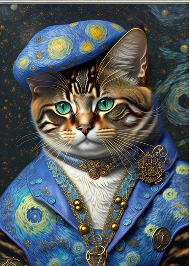 Cat with human-like features in Van Gogh's 'Starry Night' inspired outfit