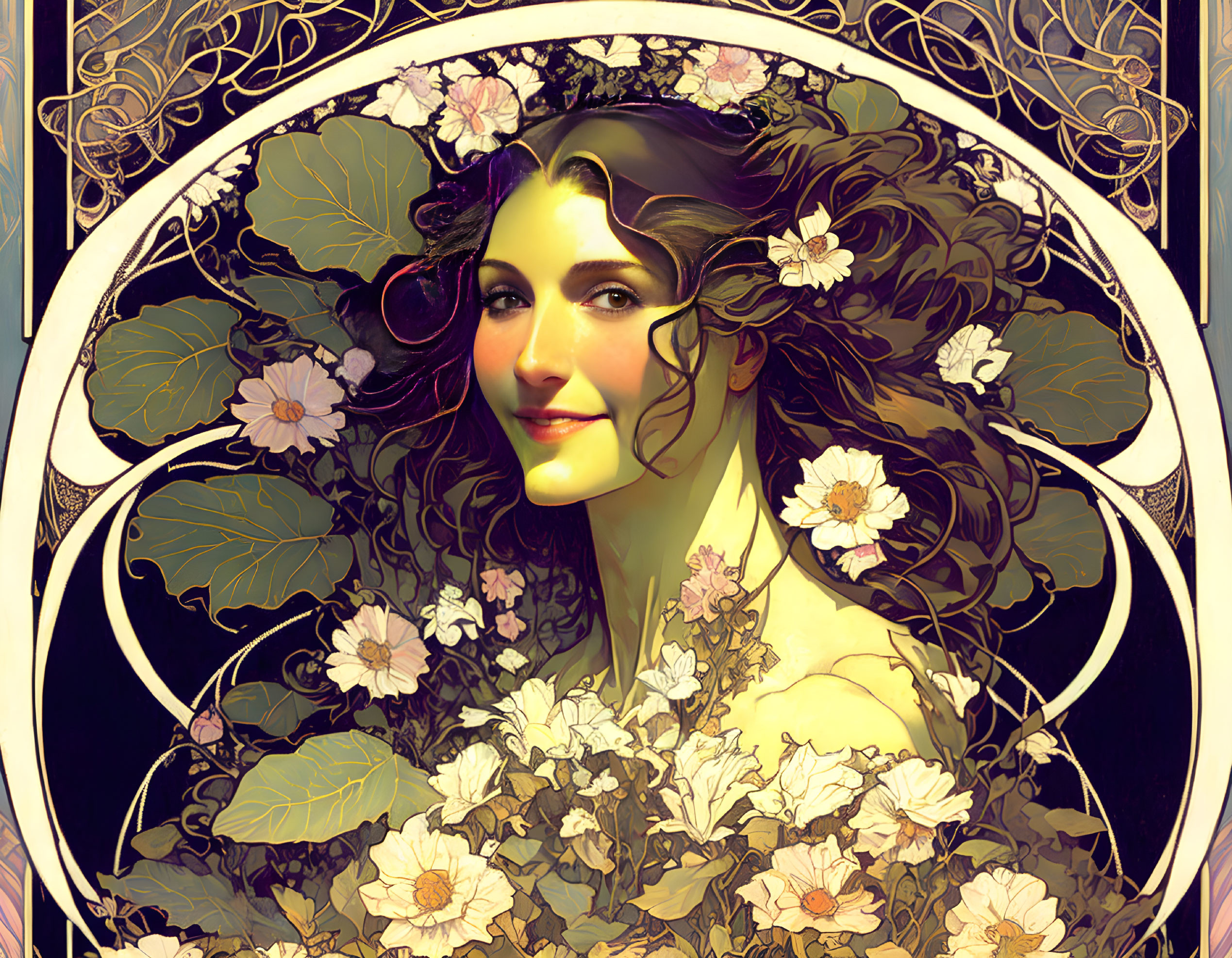 Stylized portrait of smiling woman with floral art nouveau motifs