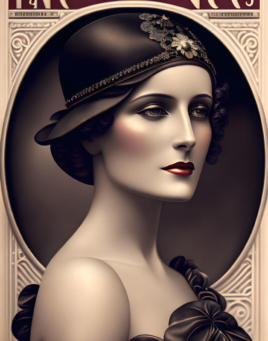 Vintage 1920s style woman illustration with cloche hat and art deco motifs