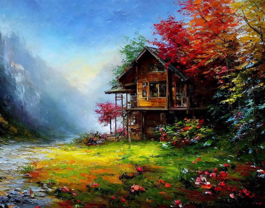 Rustic wooden cabin in autumn forest landscape