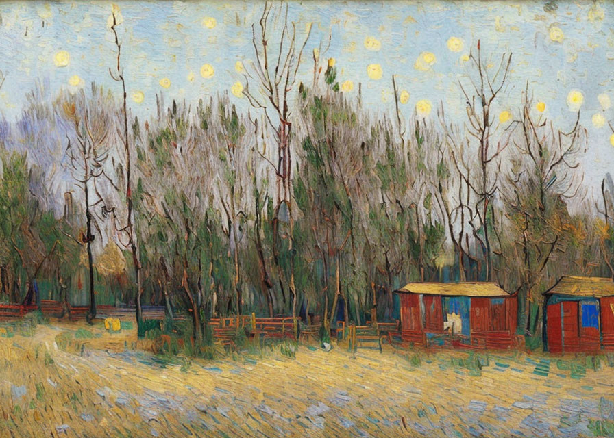 Impressionist Painting: Countryside Scene with Bare Trees and Red-Roofed Huts