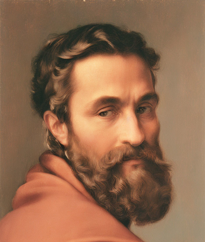 Classical portrait of a bearded man with curly hair in red garment