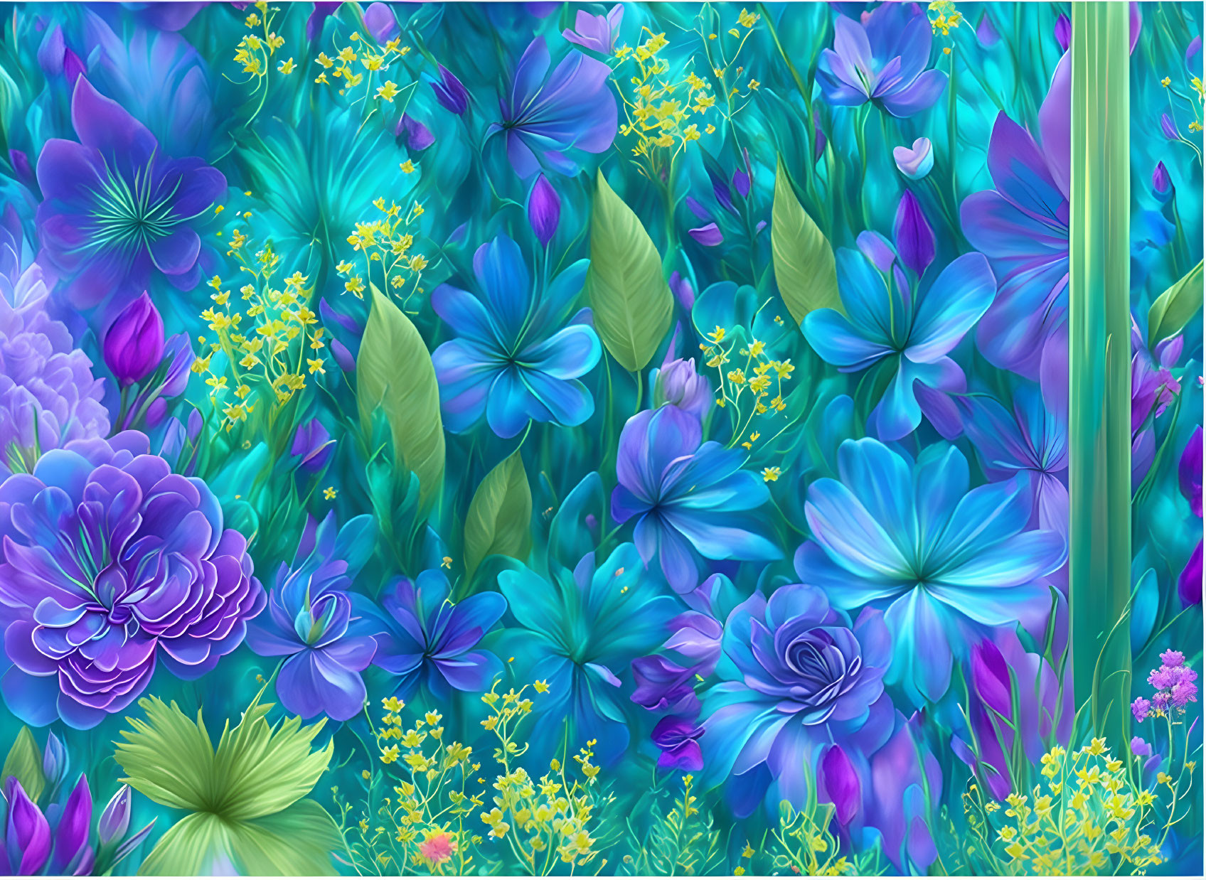 Colorful digital artwork: Dense garden with blue and purple flowers, yellow blossoms, and greenery