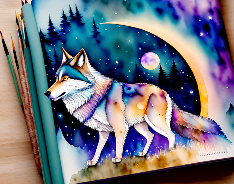 Colorful Wolf in Mystical Forest Notebook with Pencils