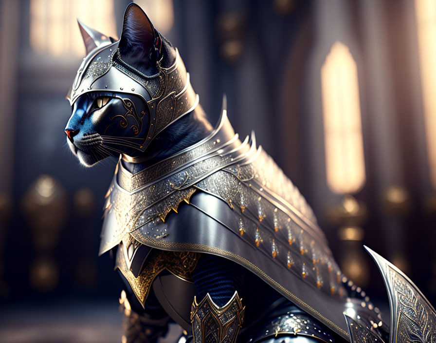 Digital artwork: Cat in medieval armor against cathedral backdrop