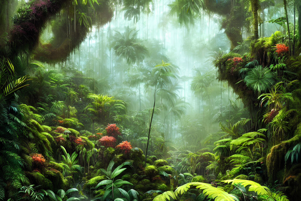 Lush Green Rainforest with Mist, Trees, and Red Flowers