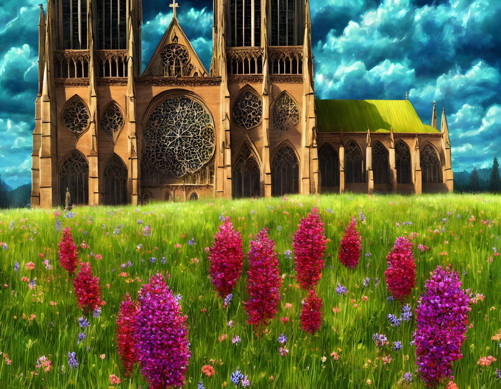 Gothic Cathedral with Rose Window, Towers, and Flower Field against Cloudy Sky