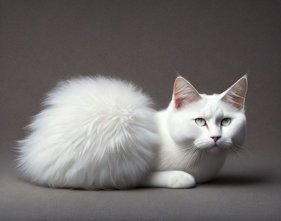 Fluffy white cat with blue eyes in a calm pose