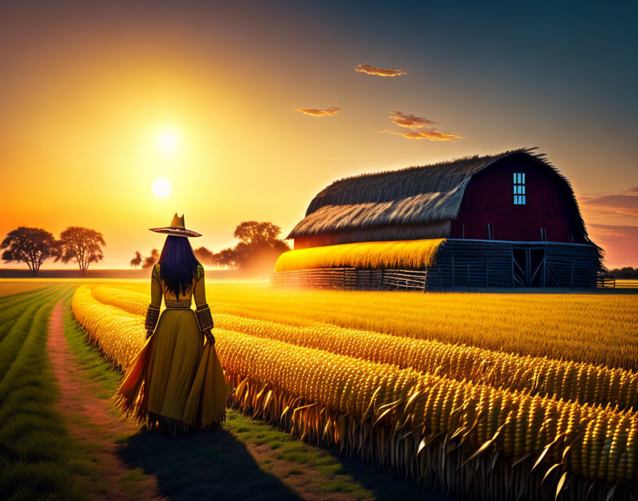 Person in Yellow Dress Standing in Golden Field at Sunset