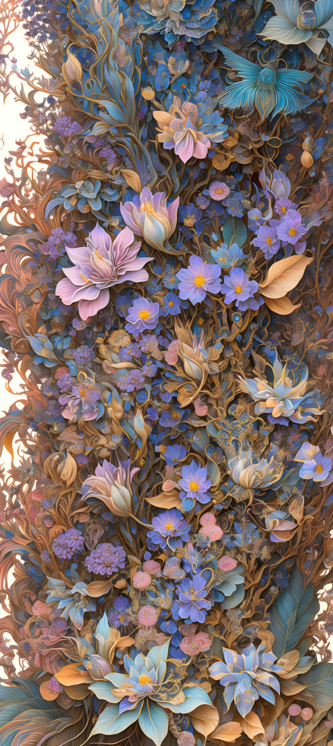 Vertical Tapestry of Blue, Purple, and Brown Flowers and Leaves