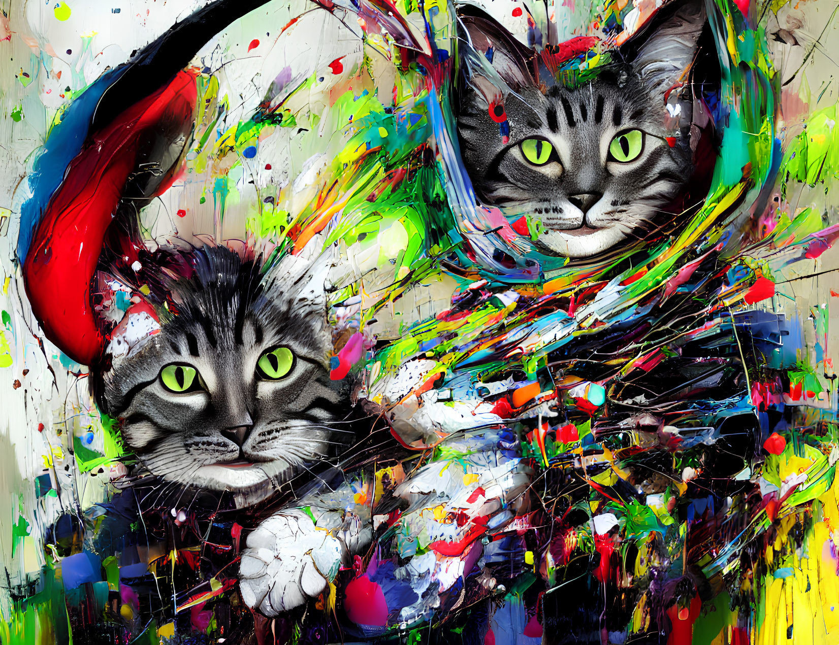 Colorful Artwork Featuring Two Cats with Green Eyes