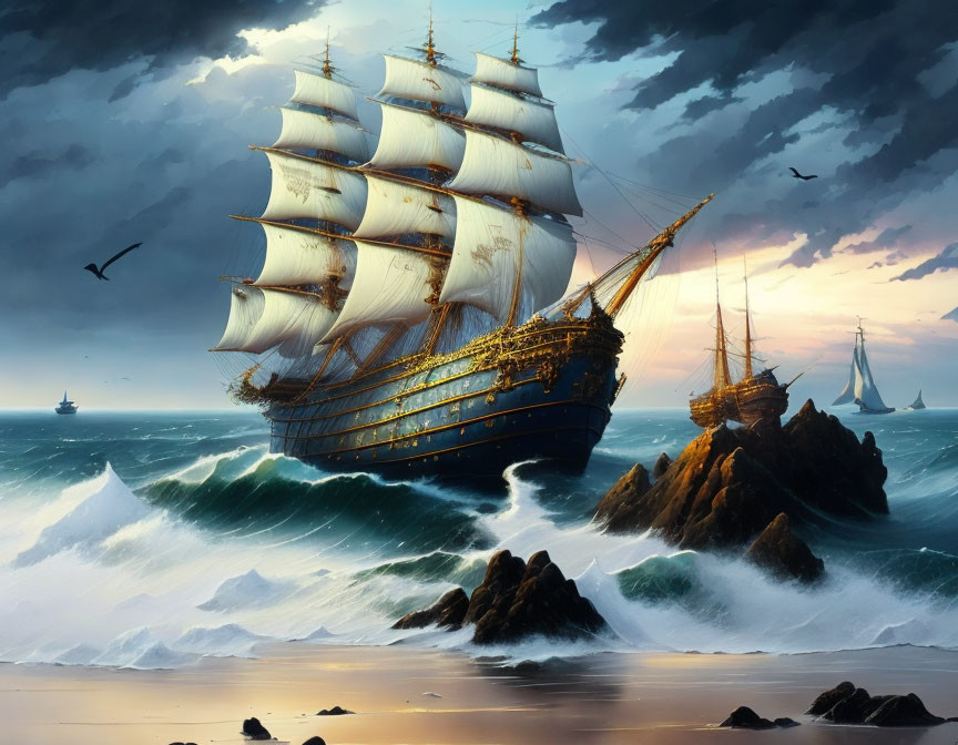 Tall Ship Sailing in Turbulent Seas with Dramatic Sky