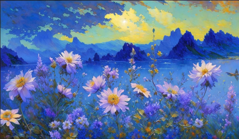 Purple Flowers Painting: Serene Lake & Mountain Range at Dusk