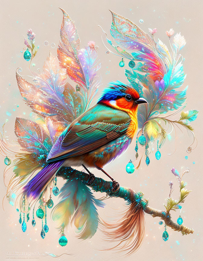 Colorful Bird Illustration with Ornate Feather Wings and Jewels on Branch