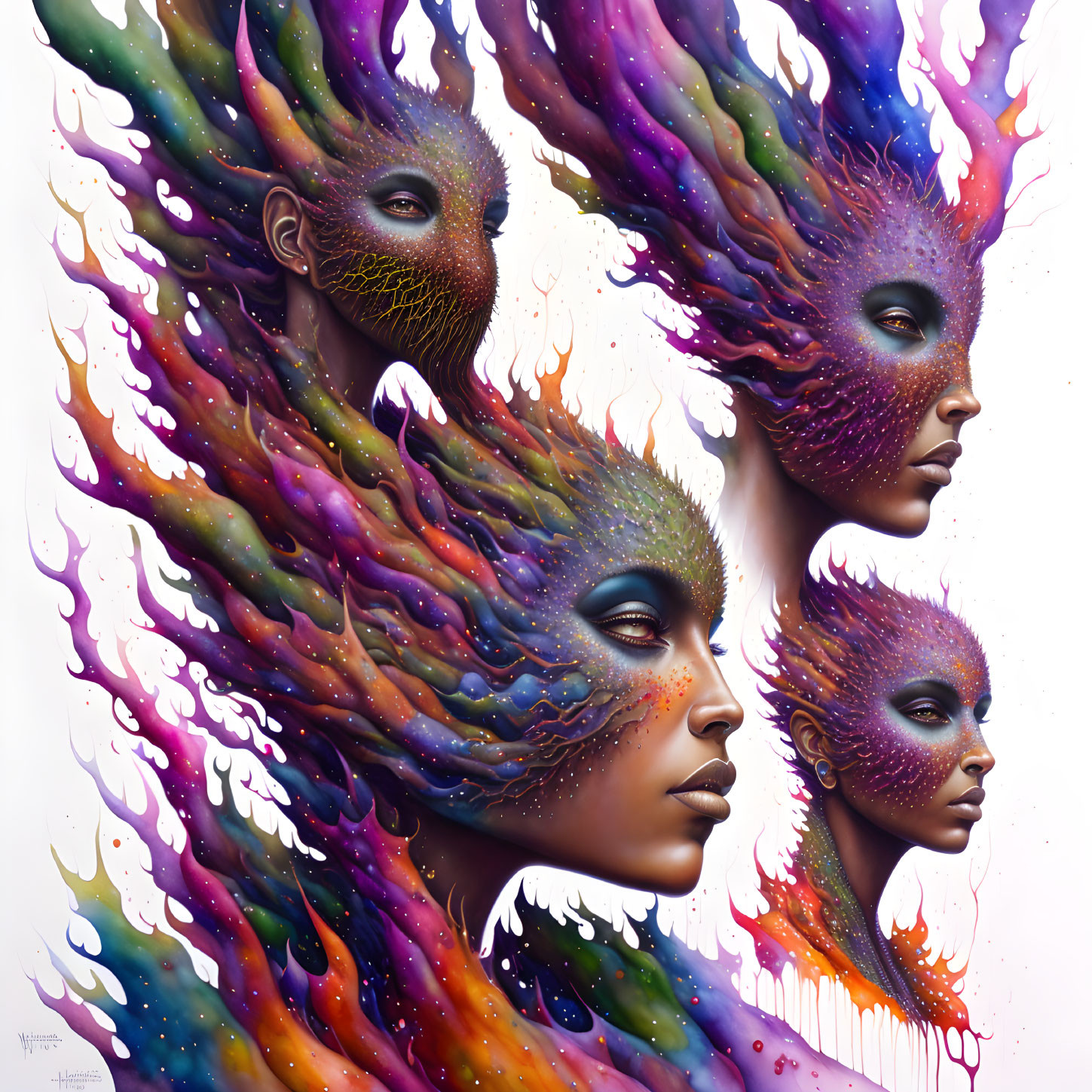 Vibrant Artwork: Four Female Faces Merge with Cosmic Patterns