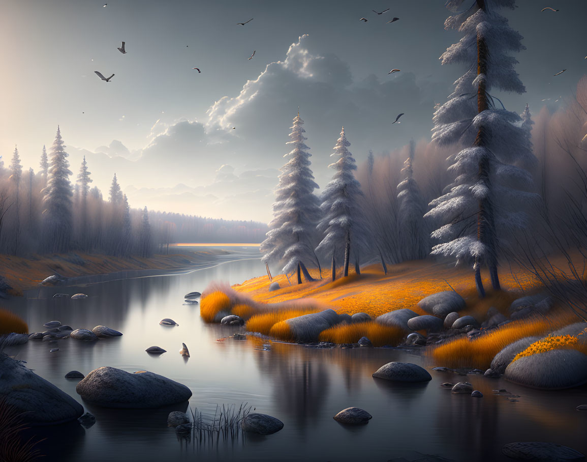 Tranquil Dusk Landscape with Snowy Pines and Gentle River