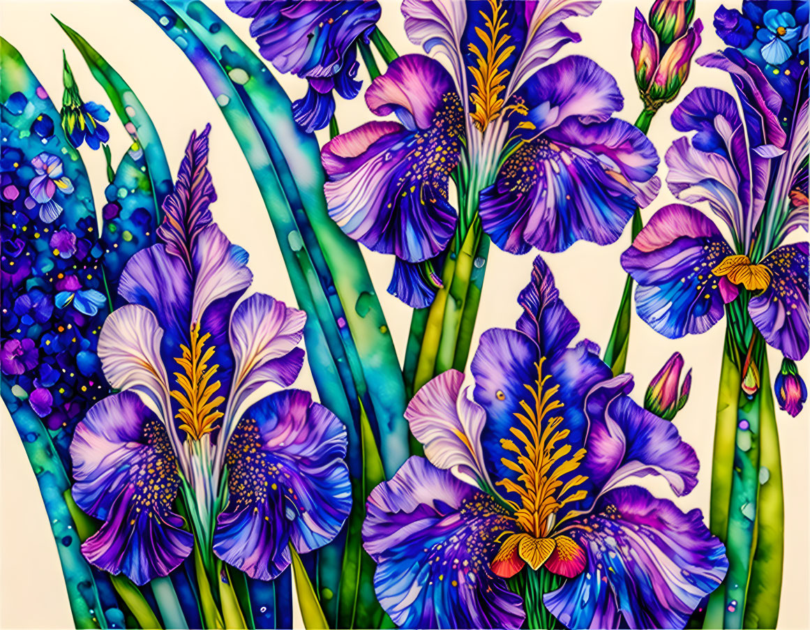 Colorful illustration of purple and blue irises with yellow accents on white background