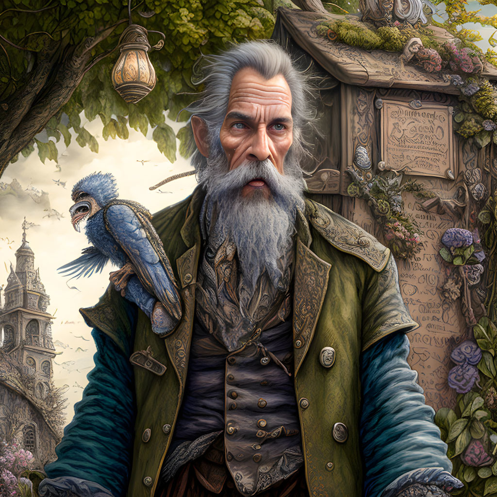 Elderly wizard with long beard, blue bird, lantern, and bulletin board