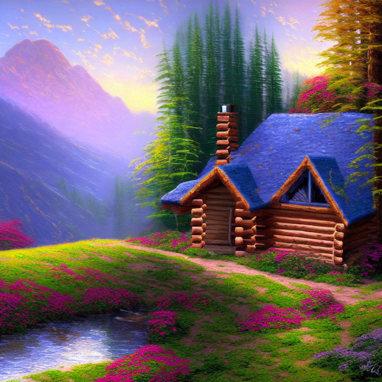 Rustic log cabin with blue roof surrounded by pink flowers, stream, pines, and mountain