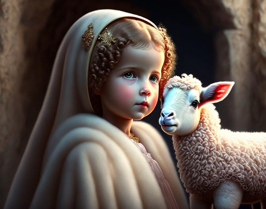 Young child with porcelain-like skin in golden-trimmed cream cloak gazes at lamb