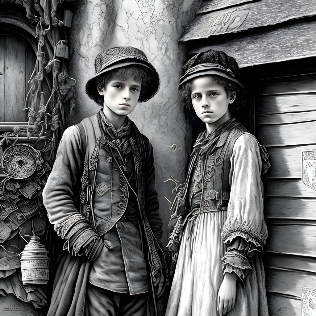 Vintage monochrome image of two children in historical attire by a wooden door