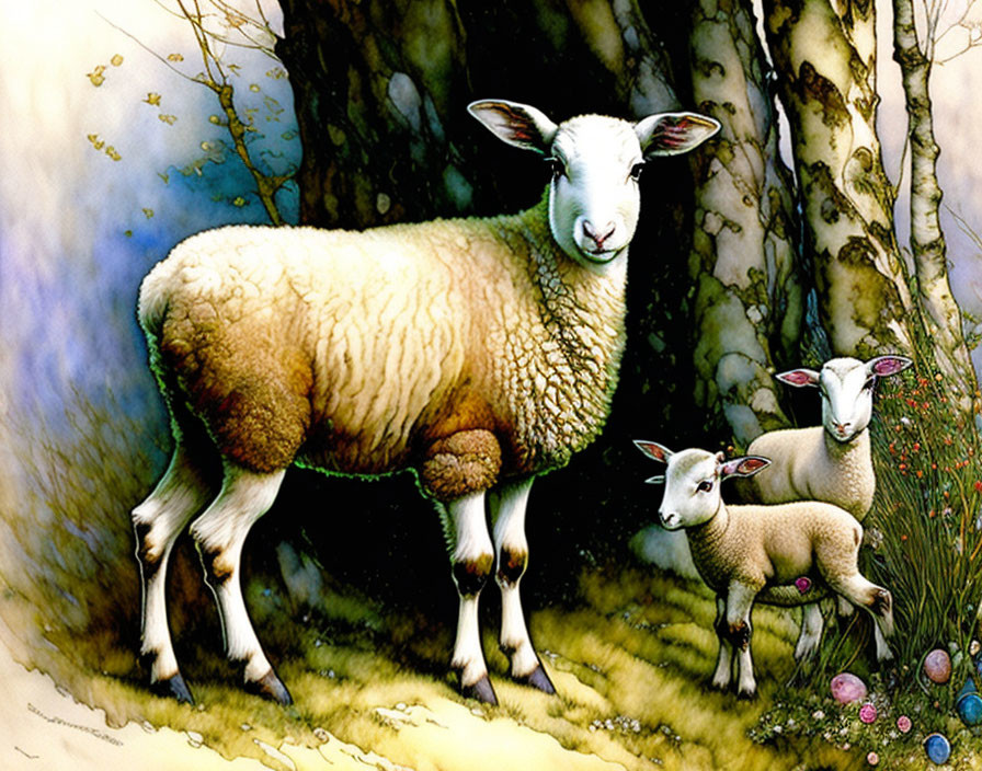 Colorful illustration of sheep and lambs in whimsical forest with hidden Easter eggs