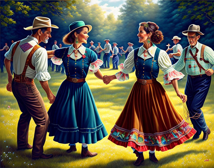 Four individuals in traditional folk costumes dancing joyfully in a sunlit clearing surrounded by clapping onlook
