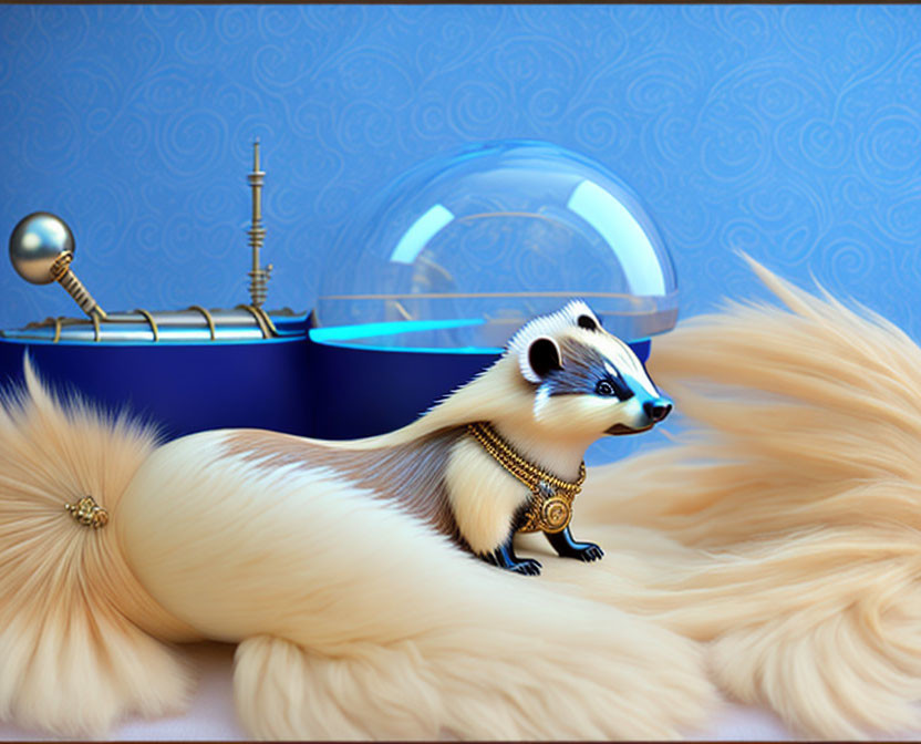 Majestic ferret with gold necklace on fluffy surface and glass globe in background