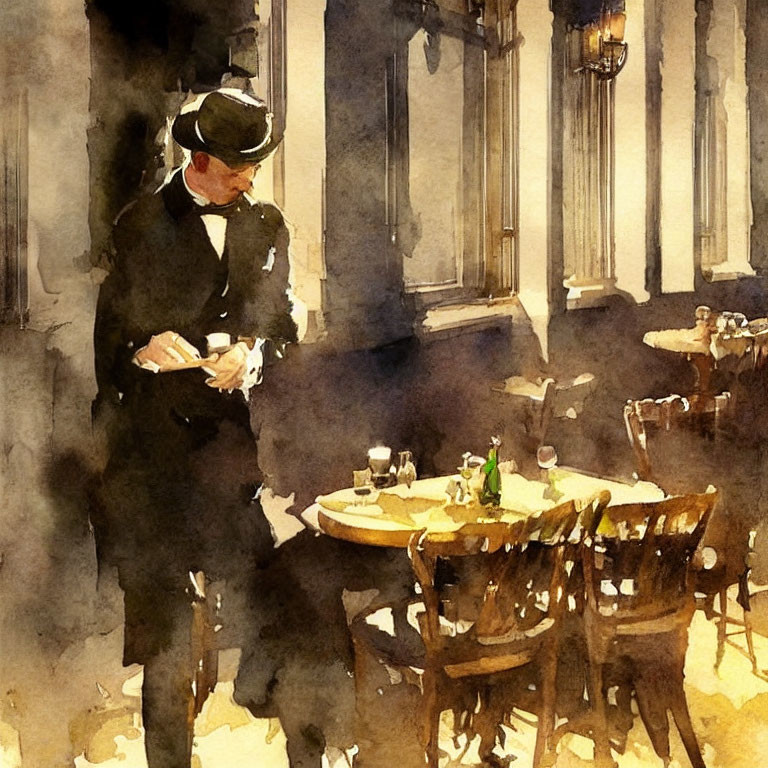 Waiter in uniform watercolor painting in cozy restaurant interior