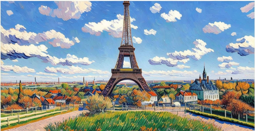 Impressionist-style painting of Eiffel Tower in Paris landscape