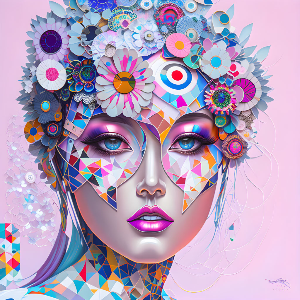 Colorful digital art portrait of a woman with geometric patterns and floral elements