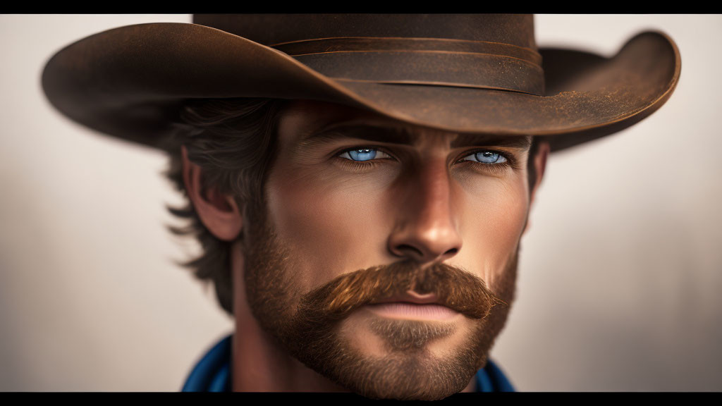 Man with Blue Eyes in Cowboy Hat and Mustache