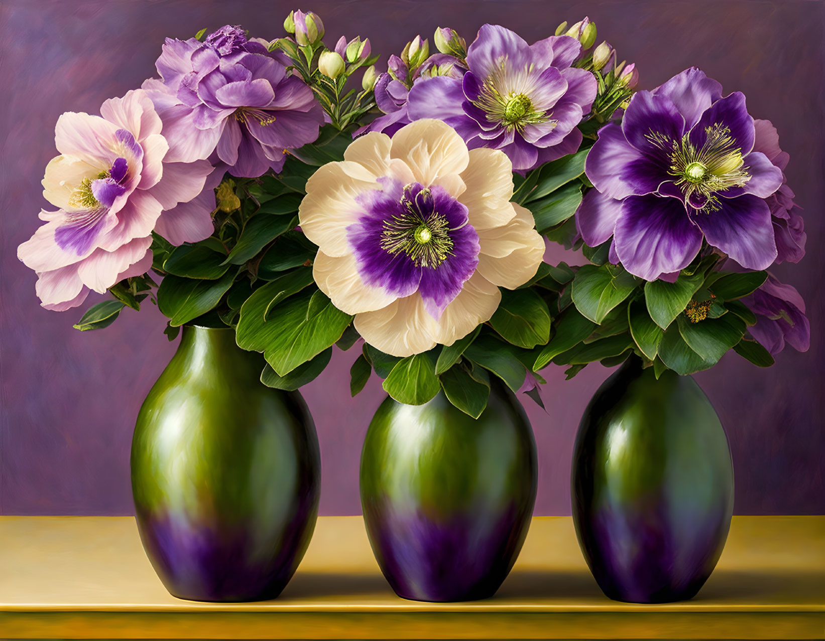 Vibrant Purple and Yellow Flowers in Three Green Vases on Wooden Surface