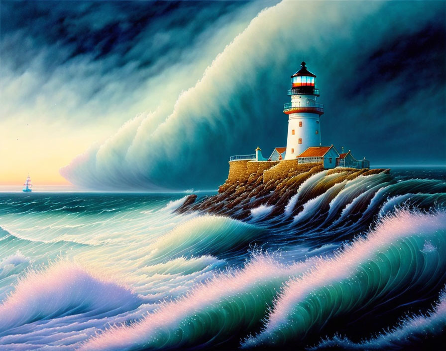 Vividly colored painting of lighthouse on rocky outcrop with dramatic waves