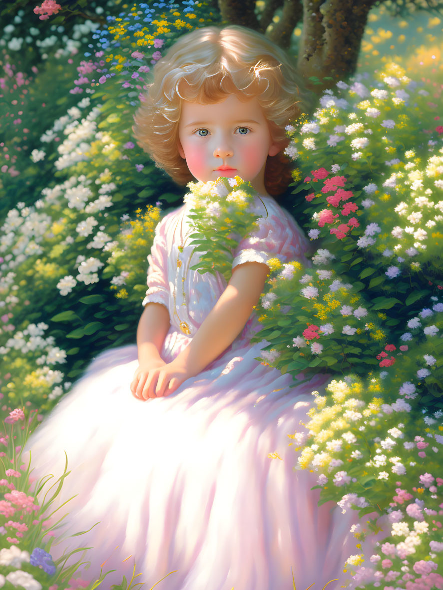 Curly-Haired Child Surrounded by Colorful Flowers in Sunlight