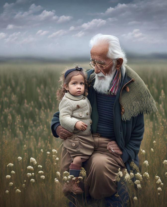 Elderly man with white beard and child in field of grass and wildflowers