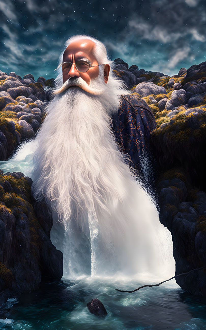 Bearded man in waterfall-like setting under starry sky